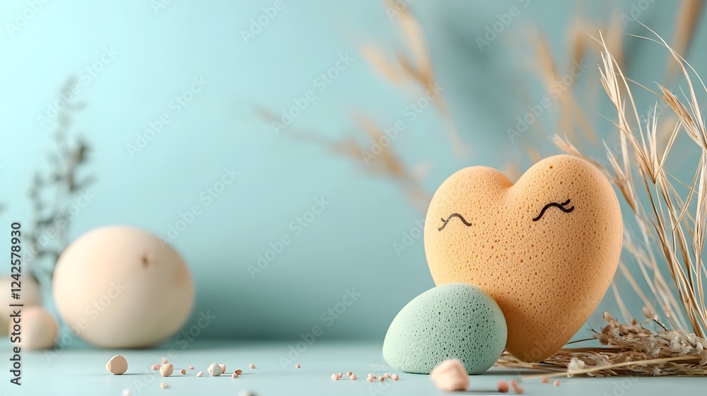 Poster close up of a pastel makeup sponge being gently held by small fingers with a blurred minimalist back