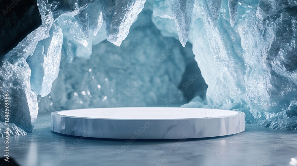 Poster round empty podium is illuminating an ice cave background, perfect for product placement