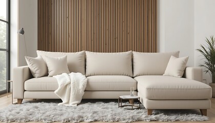 Modern Beige Sectional Sofa in Minimalist Living Room with Wooden Wall Accents and Fluffy Rug