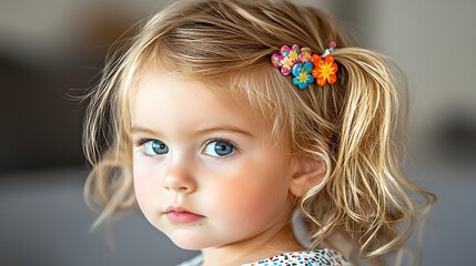 Naklejka premium Close up portrait of a smiling young girl with beautiful blonde hair wearing a colorful floral designed hair clip