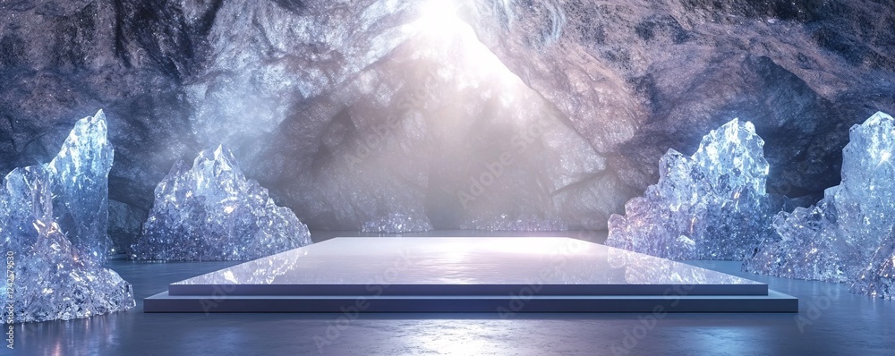 Poster enchanting cave with ice and crystals showcasing a radiant empty podium in the middle