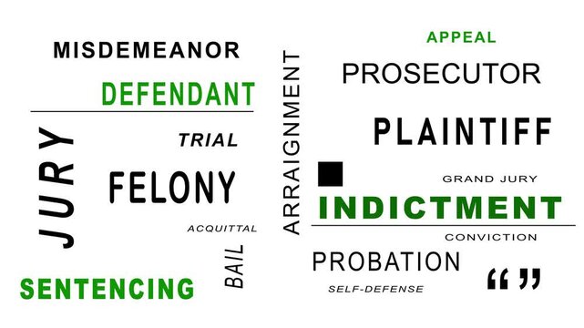 Animated word cloud with multiple terms related to criminal law.  Words appear and converge forming a word cloud with relevant terms.