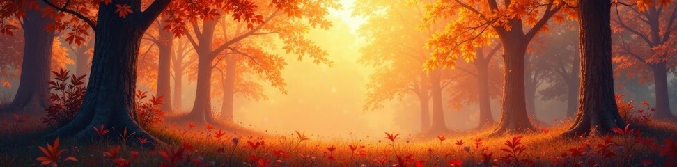 Warm orange tones illuminate a peaceful forest, watercolor, misty atmosphere