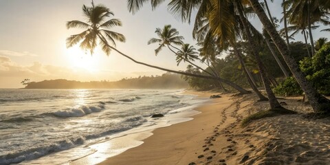 Warm sunlight filters through palm trees casting dappled shadows on sandy beach, waves gently lapping at the shore, getaway, ocean, island