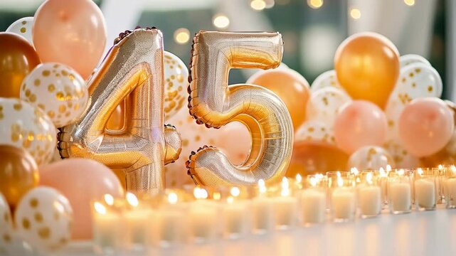A Grand 45th Celebration: Elegantly Arranged Gold Balloons, Soft Candles, and Festive Decor Create a Warm and Inviting Atmosphere for a Memorable Birthday Event