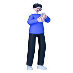 Obraz premium スマホを触るメガネをかけた男性の3Dイラスト。
