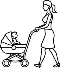 A Woman pushing a baby in a baby wheel or stroller silhouette vector illustration, A Woman pushing a baby in a baby wheel or stroller line art vector design