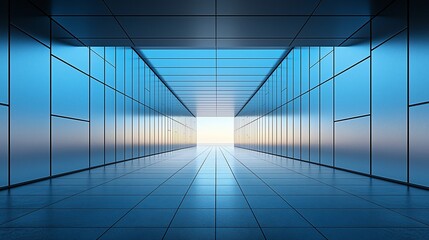 Fototapeta premium Futuristic corridor with reflective tiles leading to a bright exit, showcasing modern architecture