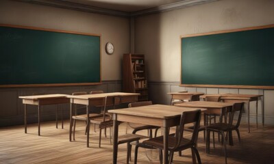Vintage classroom with chalkboard and wooden desks, retro, seats