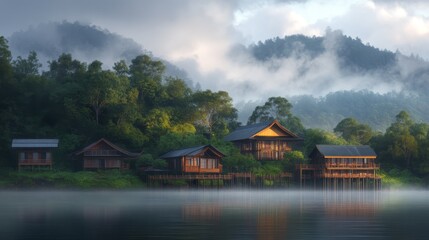 Obraz premium Serene Lakeside Villas Mist Shrouded Mountains Sunrise
