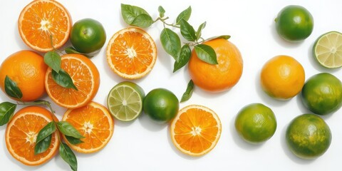 Vibrant painting of fresh oranges and limes on a white background, studio, colorful, ingredients