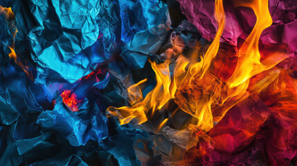 Close up of vibrant flames engulfing crumpled paper, showcasing dynamic interplay of colors and textures that evoke sense of energy and transformation