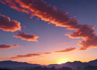 Obraz premium Vibrant colors of sunset against a clear blue sky, radiant beams, colorful clouds, bright sunlight