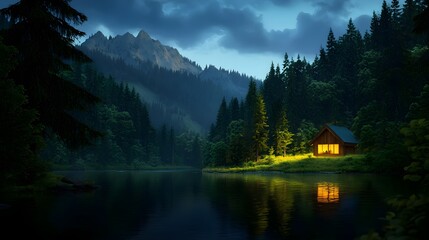 Luminous Cabin by a Tranquil Lake at Night in a Dark Forest