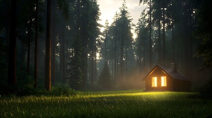 Luminous Cabin in a Dark Forest at Sunset