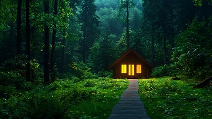 Luminous Forest Cabin at Night