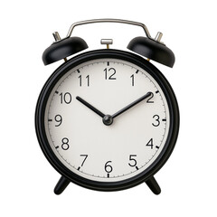 A classic black alarm clock with a white face, featuring bold numbers and two ringing bells on top.