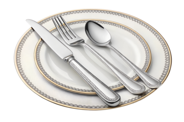 stainless steel knife spoon and fork with white plate isolated on transparent background PNG image