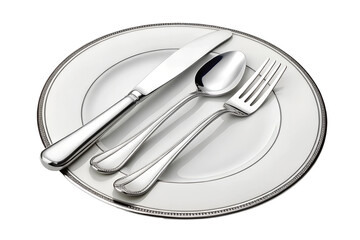 stainless steel knife spoon and fork with white plate isolated on transparent background PNG image