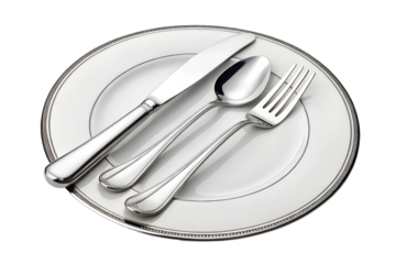 stainless steel knife spoon and fork with white plate isolated on transparent background PNG image