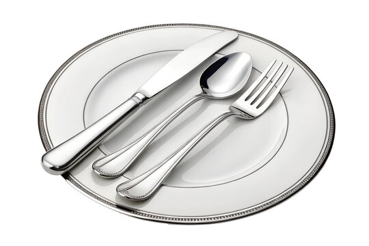 stainless steel knife spoon and fork with white plate isolated on transparent background PNG image