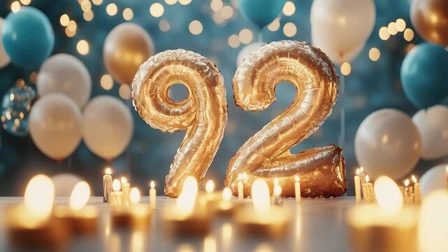 A Festive Celebration of 92 Years: A Glittering Display of Gold Number Balloons Surrounded by Softly Glowing Candles and Colorful Decorations at a Birthday Party