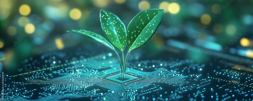 Poster computer microchip sprouts a green plant, representing the idea of eco-friendly technology
