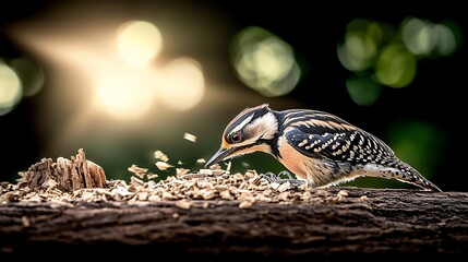 Obraz premium A woodpecker foraging on a log amidst a blurred natural backdrop with sunlight