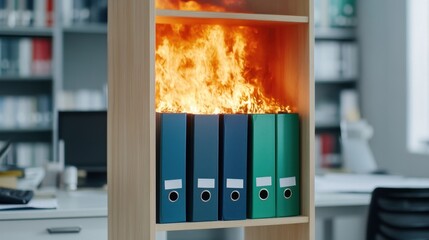 Office fire, ring binders burning on a shelf, documents ablaze in the workplace.