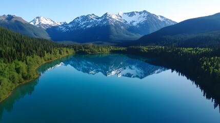 Naklejka premium Serene mountain lake view, crystal-clear water reflecting majestic peaks, surrounded by lush greenery, ideal for tranquility themes.