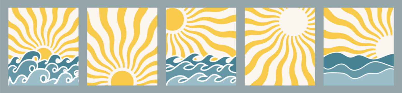 Sun abstract clipart set. Yellow sunrays, sunset and sunrise in ocean horizon clip art tropical summer wallpaper collection vector illustration. 
