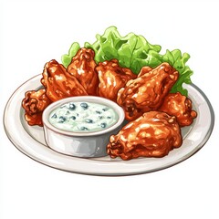 Delicious Spicy Chicken Wings Served on a Plate with Fresh Lettuce and Creamy Dip for Appetizing Snack or Party Platter