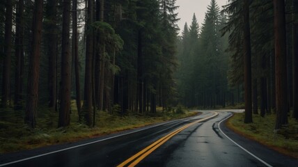 Obraz premium Misty Forest Road: A Journey Through Evergreen Shadows