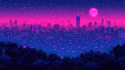 Vibrant city skyline at night illuminated by a large glowing moon, with a rich gradient of pink and purple hues, sparkling stars, and a hint of foliage in the foreground.