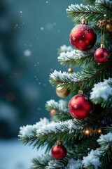 Snow-covered pine tree branches with ornaments, , decorations, christmas balls