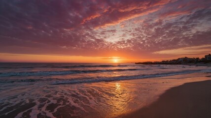 Obraz premium Fiery Sunset Over Coastal Horizon Dramatic Beachscape