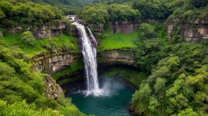 Majestic Waterfall Cascading into Lush Green Valley
