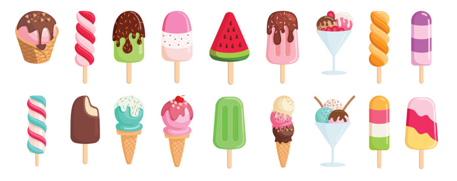 Popsicle drawing colorful clipart set. Ice cream summer icon clip art dessert elements collection in delicious, sweet and dairy milk products vector illustration in white background. 
