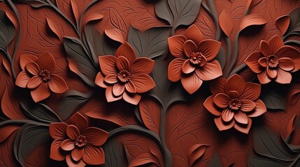 3D isometric high angle seamless embossed leather flowers and leaves texture, isolated on a clean background, elegant design