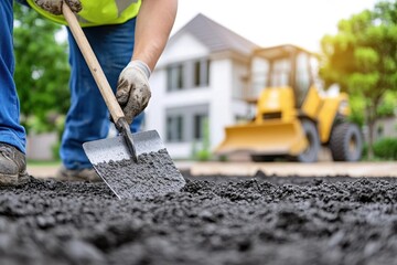 Worker shovels asphalt, blurred bulldozer and house in background, spreading asphalt mix on the ground.