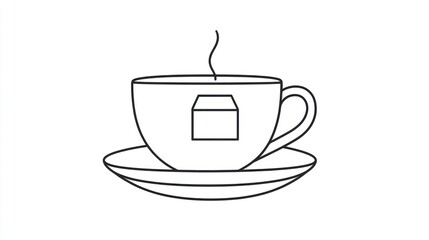 Steaming teacup on saucer, simple line art, white background, for menu design