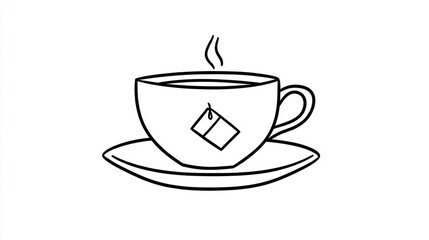 Steaming teacup on saucer, simple line art, breakfast background