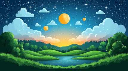 Obraz premium Bright landscape featuring illuminated stars, glowing planets, and lush green hills alongside a tranquil river under a vibrant sunset sky with whimsical clouds.