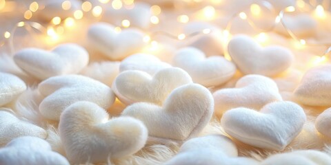 Cozy white plush hearts create a romantic Valentine's Day backdrop, perfect for sweet home decor.