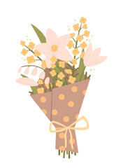 Vector spring bouquet. Cute cartoon flowers in kraft wrapping paper isolated on white background. Hand-drawn illustration for greeting card or banner. Birthday or Women's Day card