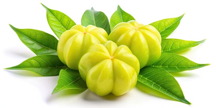 Crisp star gooseberries on white, showcasing vibrant green leaves; high-resolution stock image.