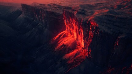 Fototapeta premium Lava flow glowing at dusk, vibrant red molten rock cascading through rugged terrain, showcasing nature's raw power.