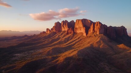 Naklejka premium Majestic mountain range at sunset, vibrant colors illuminating rocky formations, perfect for nature enthusiasts and travel themes.