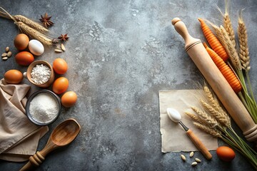 Easter Baking Photography: Bunny-Shaped Cookies, Rolling Pin & Ingredients on Grey Concrete