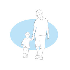 father and son walking together illustration vector hand drawn with black lines isolated on white